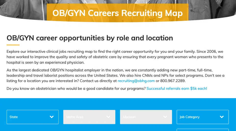 Interactive OB/GYN careers recruiting map showing job locations across the United States with filters for state and job category.