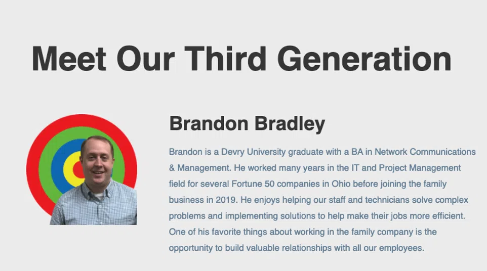 Profiles of three third generation family business members with photos and professional backgrounds.