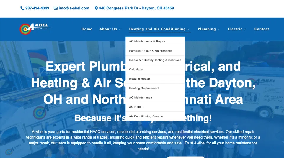 A-Abel website homepage showing HVAC, plumbing, electrical services in Dayton with contact info and awards