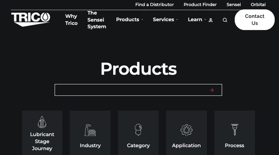Trico Products page showing lubricant stages and industries with icons and labels for navigation.