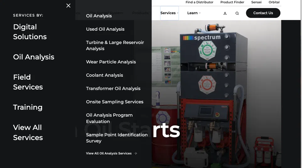 Oil analysis service menu with digital and field services and an image of oil testing equipment labeled Spectrum.