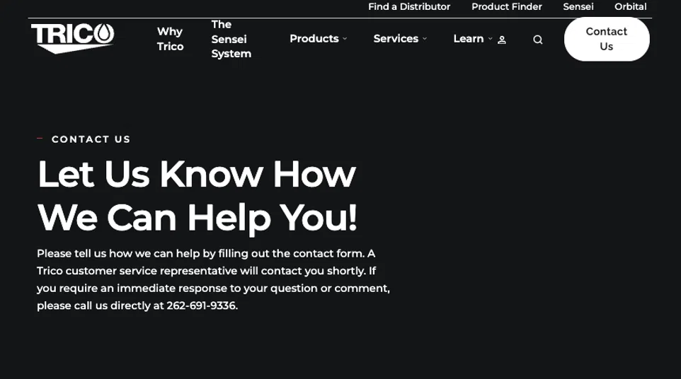 Contact form page for Trico with fields for name, email, phone, company, and comments on a dark background.