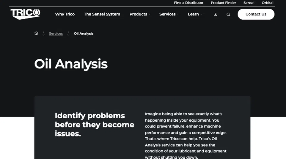 Trico Oil Analysis webpage highlighting services like used oil, turbine, wear particle, coolant, and transformer oil analysis.
