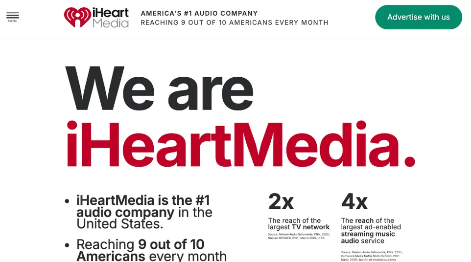 Website banner highlighting iHeartMedia as #1 US audio company and FIFA World Cup 2026 live match coverage partnership.