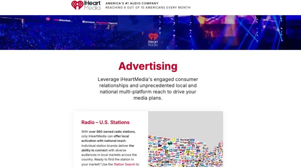 iHeartMedia advertising options featuring U.S. radio stations, iHeartRadio app, national campaigns, and digital media platforms.