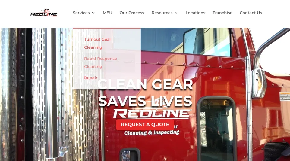 RedLine website hero image featuring a red truck and text about on-site turnout gear cleaning and inspection services.
