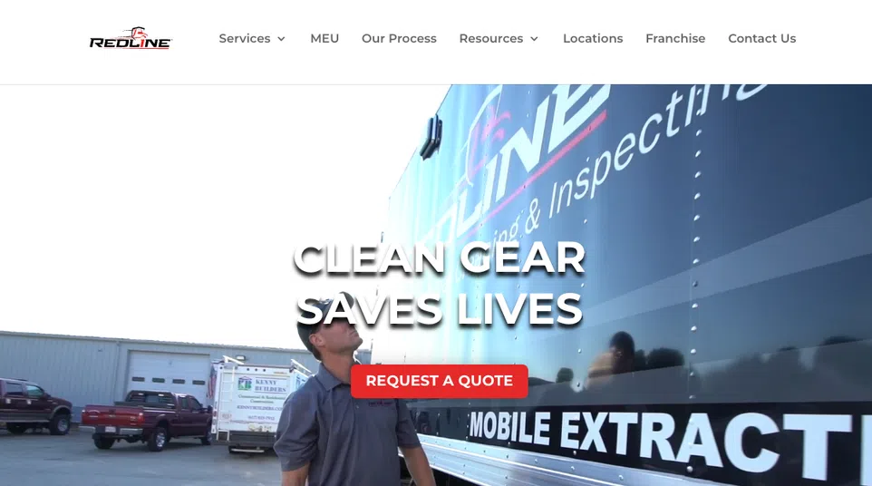 Worker inspecting RedLine Mobile Extraction truck promoting clean gear saves lives message.