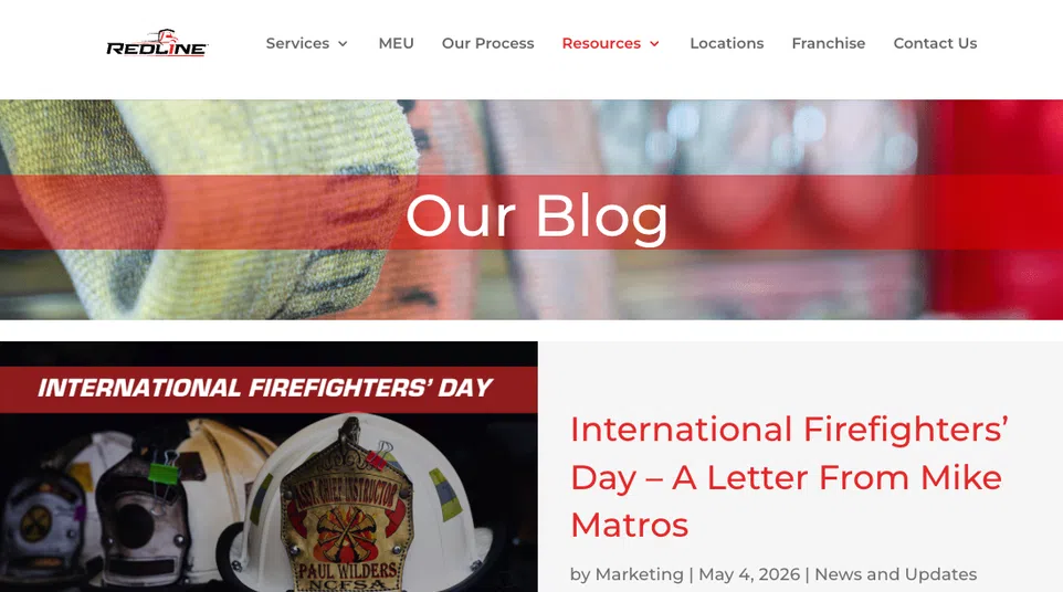 Blog page featuring firefighter helmets, articles on firefighter safety, and a group photo by a fire truck.