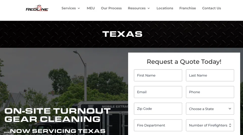 Mobile turnout gear cleaning unit parked outdoors with request quote form on Texas service page