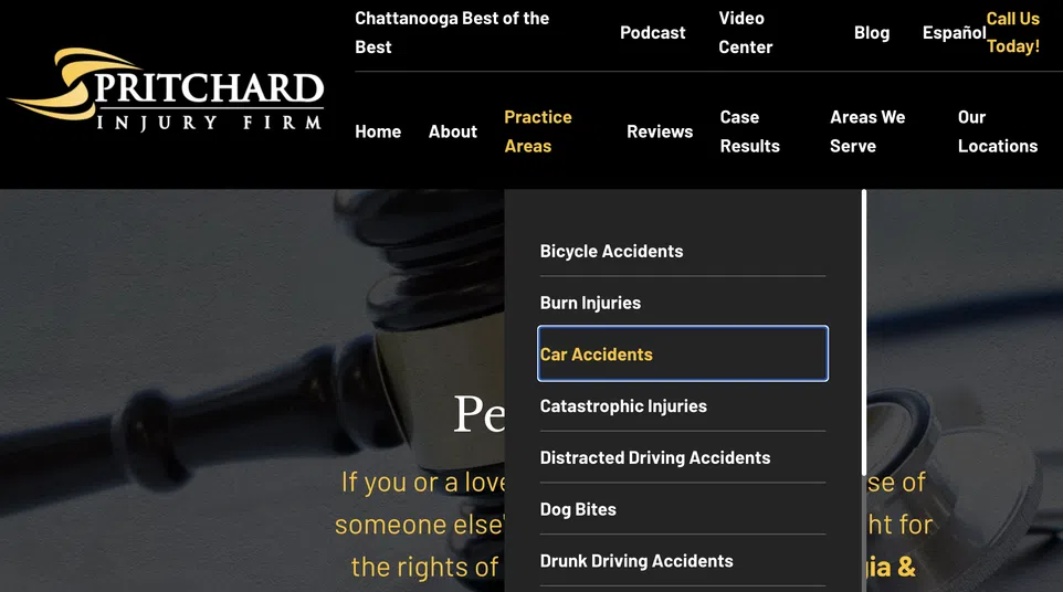 Pritchard Injury Firm website showing legal practice areas menu with highlighted car accidents option.