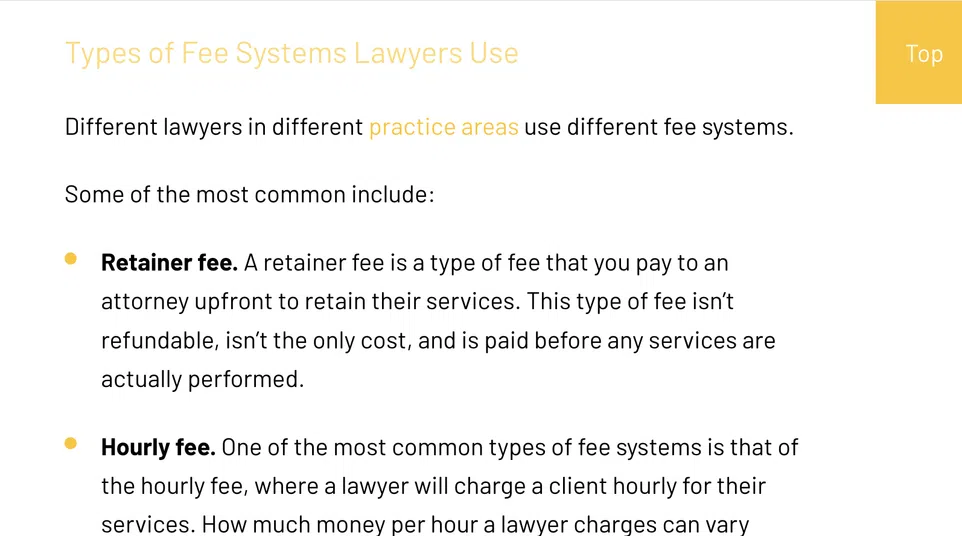 Overview of common lawyer fee systems including retainer, hourly, flat fees, and contingency arrangements.