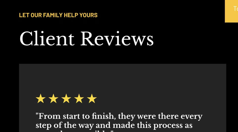 Screenshot of client reviews section with a five-star rating and detailed testimonial on a black background.