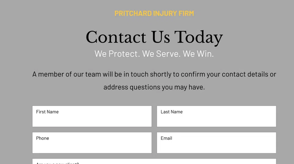 Contact form page for Pritchard Injury Firm with fields for name, phone, email, client status, and message on gray background.