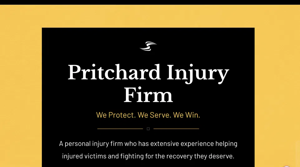 Homepage of Pritchard Injury Firm with firm name, slogan, and free consultation offer on black and yellow background.