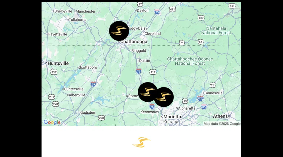 Map showing company locations in Chattanooga, Catersville, and Woodstock with a list of service areas below.