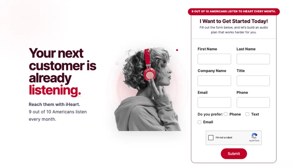 Marketing form with a woman wearing red headphones and stats about consumer listening habits and trust