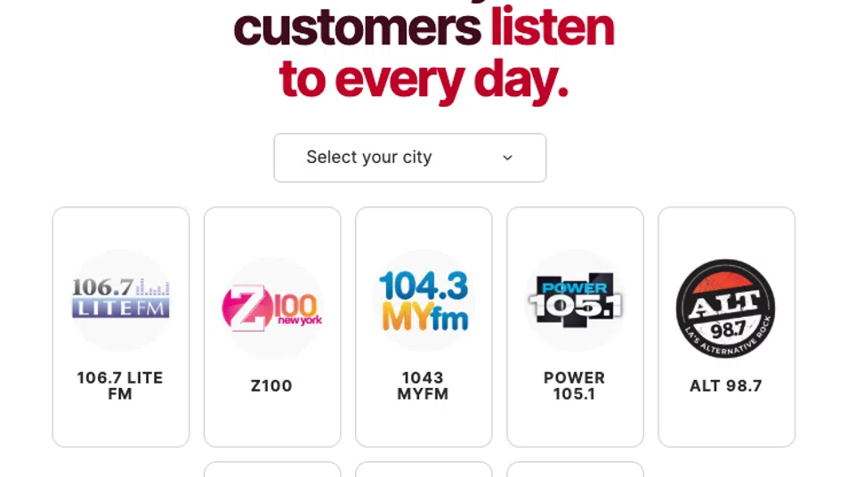 Radio station logos of iHeart including 106.7 LITE FM, Z100, 104.3 MYfm, POWER 105.1, ALT 98.7, and more.