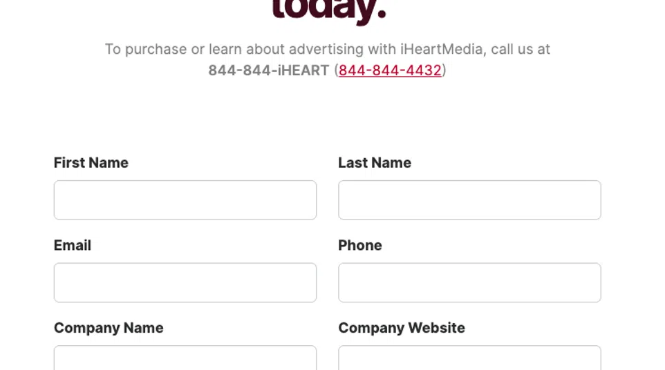 iHeartMedia contact form with fields for name, email, phone, company, website, message, and contact preferences.