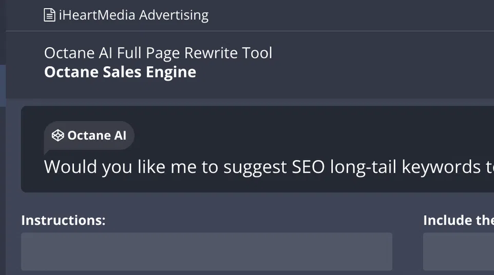 Screenshot of Octane AI tool interface showing SEO keyword suggestions and writing tips for content localization