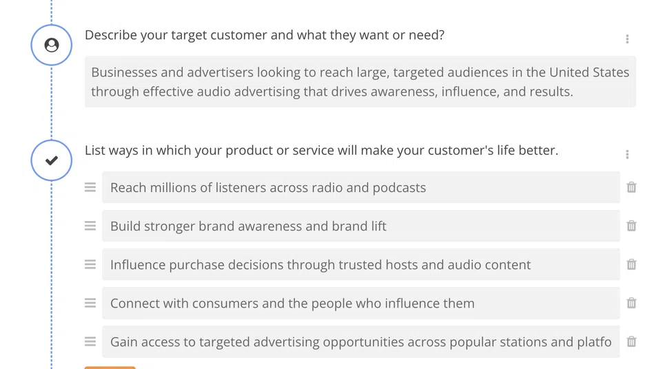 Screenshot of a business questionnaire outlining target customers, benefits, and negative effects of missing audio advertising opportunities.