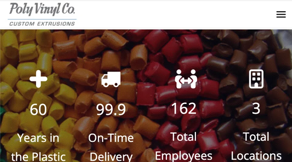 Colorful plastic pellets background with text highlighting 60 years, 99.9% on-time delivery, 162 employees, and 3 locations.