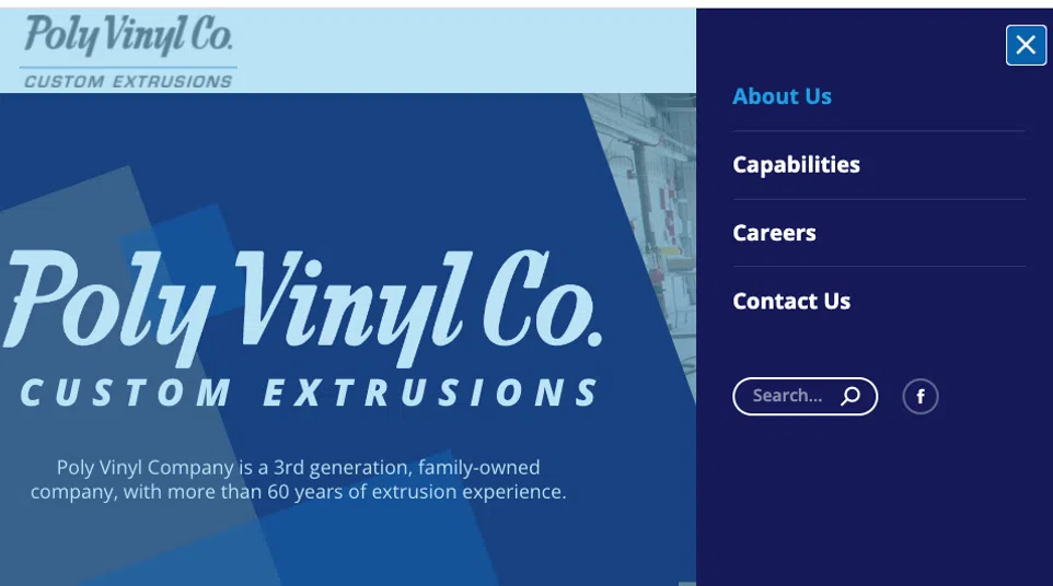 Poly Vinyl Co. logo highlighting custom extrusions and over 60 years of family-owned extrusion experience.