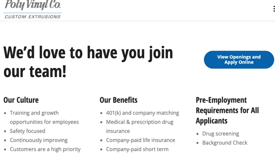 Poly Vinyl Co. careers page highlighting company culture, benefits, pre-employment requirements, and employee testimonials.