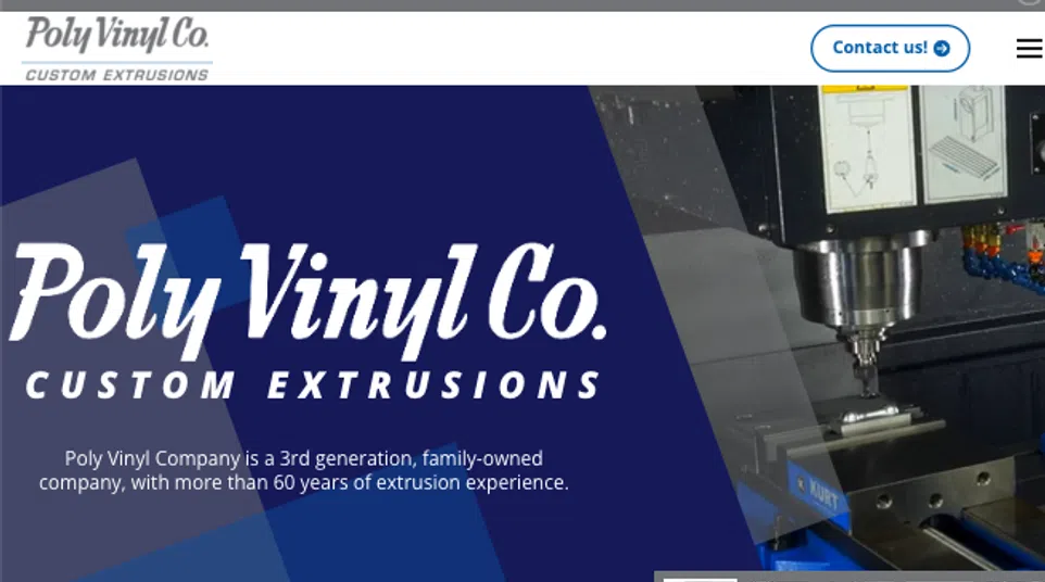 Poly Vinyl Co. homepage showing company info, extrusion machine, staff group photo, and custom plastic extrusion services.