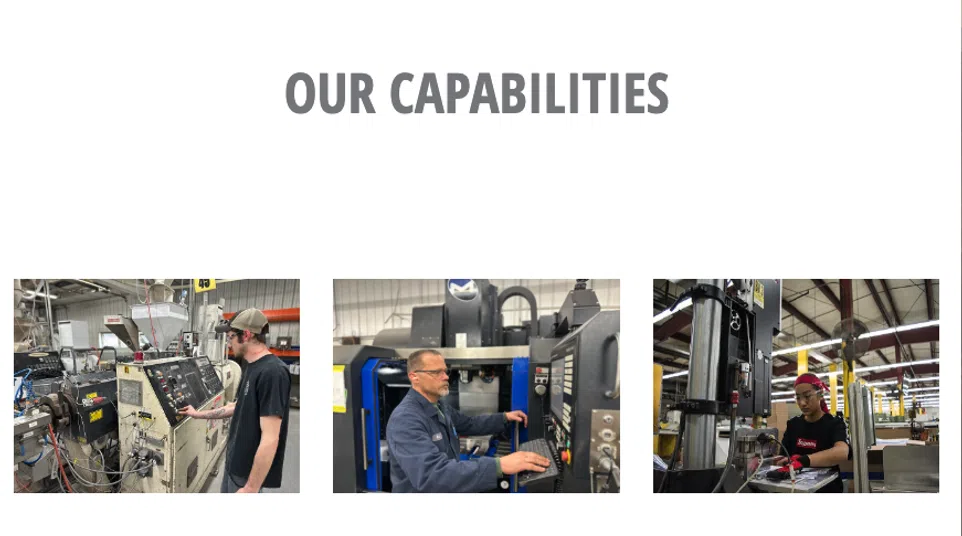 Three images showing custom plastic extrusion processes, extrusion tooling, and secondary operations by workers in a manufacturing facility.