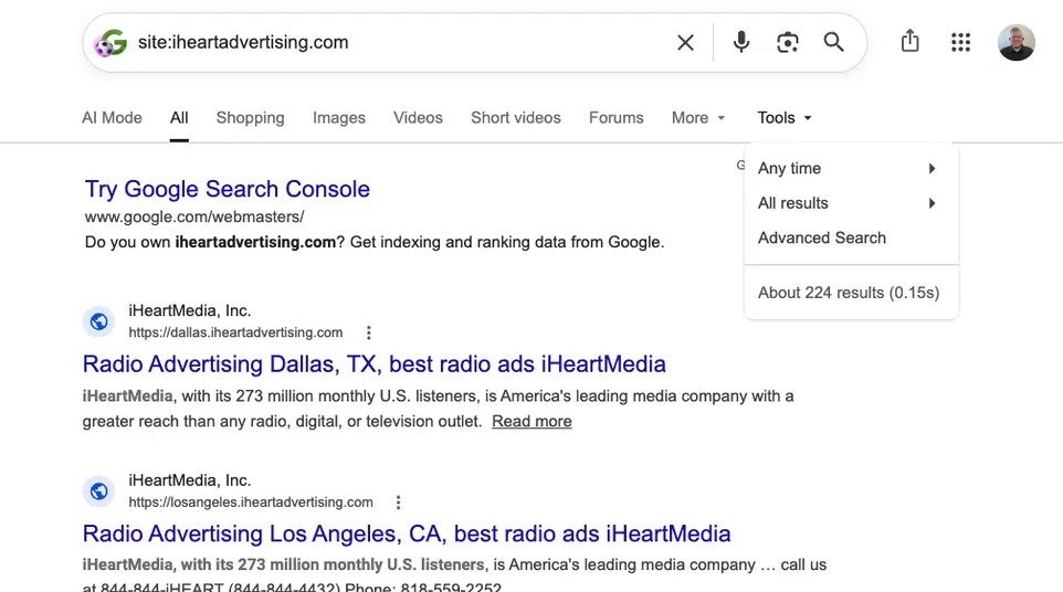 Google search results showing iHeartMedia radio advertising listings for various U.S. cities and podcast services.