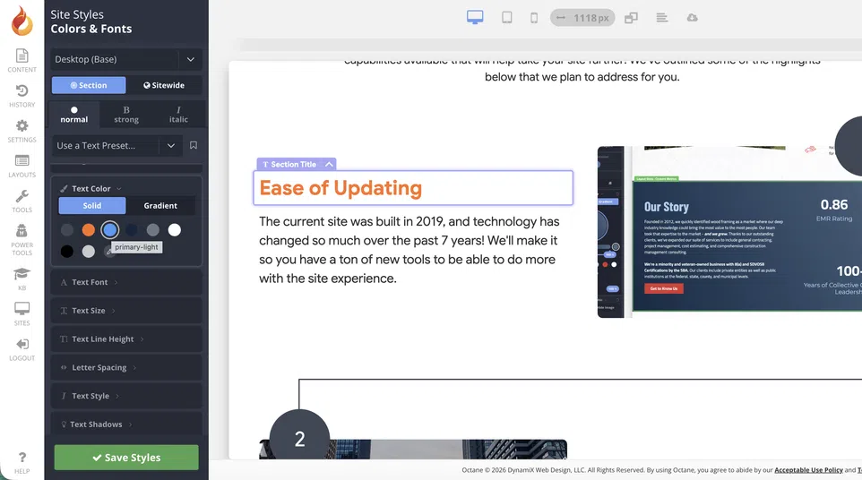 Website design interface showing text editing options and a section titled Ease of Updating with site content preview.
