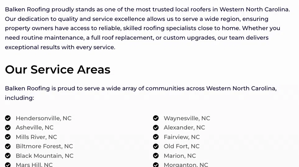 Page listing Balken Roofing's trusted service areas across multiple communities in Western North Carolina.
