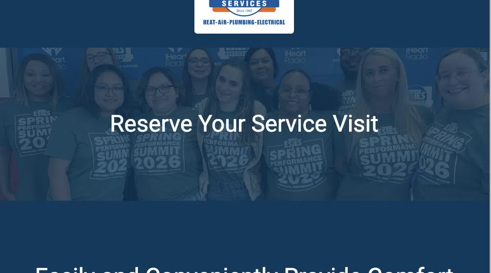 Online form to reserve service visits from Estes Services with fields for name, phone, and email on a blue background.