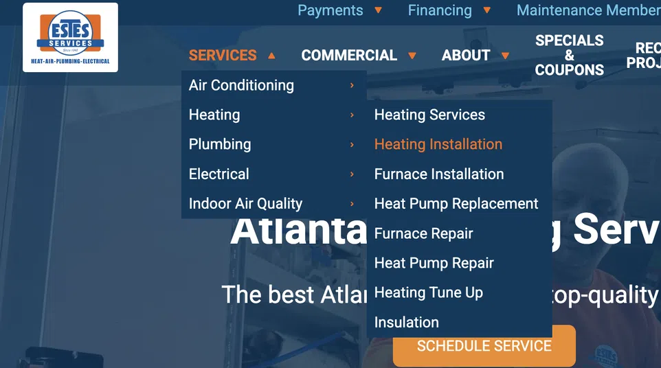 Website menu showing Estes Services logo and dropdown options for heating, plumbing, electrical, and air services.