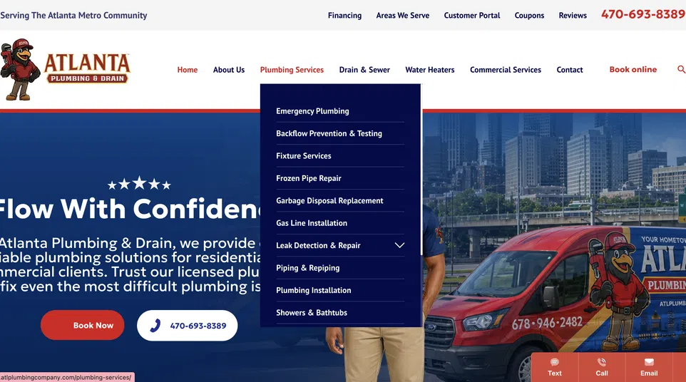 Atlanta Plumbing & Drain website homepage with service menu, contact info, and branded plumbing van in city background