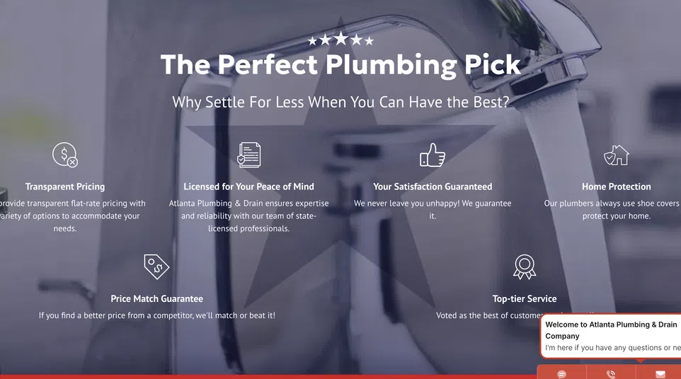 Plumbing service ad highlighting transparent pricing, licensed professionals, satisfaction guarantee, home protection, and top-tier service.