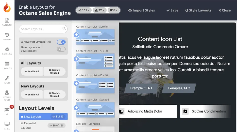 User interface of Octane Sales Engine showing layout options and content icon list for web design customization.