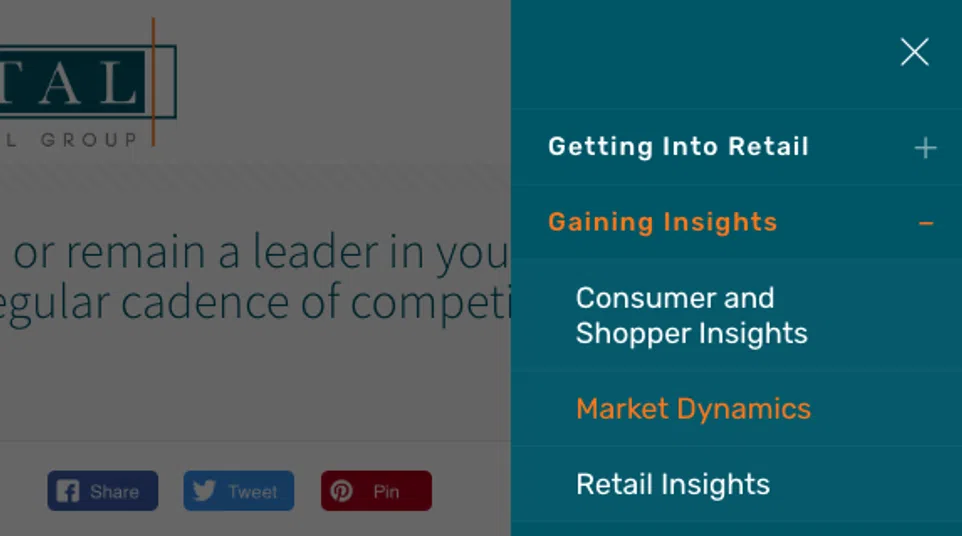 Website navigation menu showing categories like Getting Into Retail, Gaining Insights, Growing Business, and social media icons.
