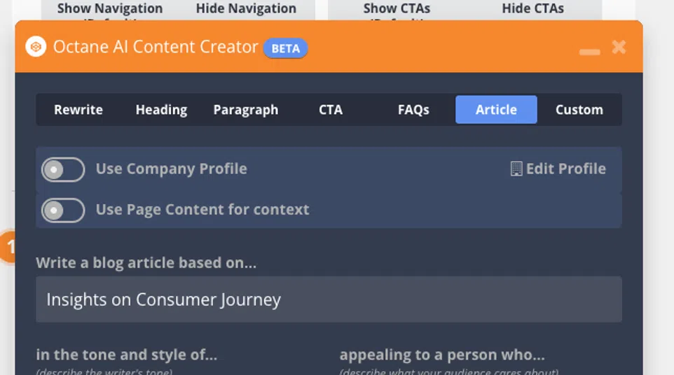 User interface of Octane AI Content Creator tool showing article writing settings and generate content button.