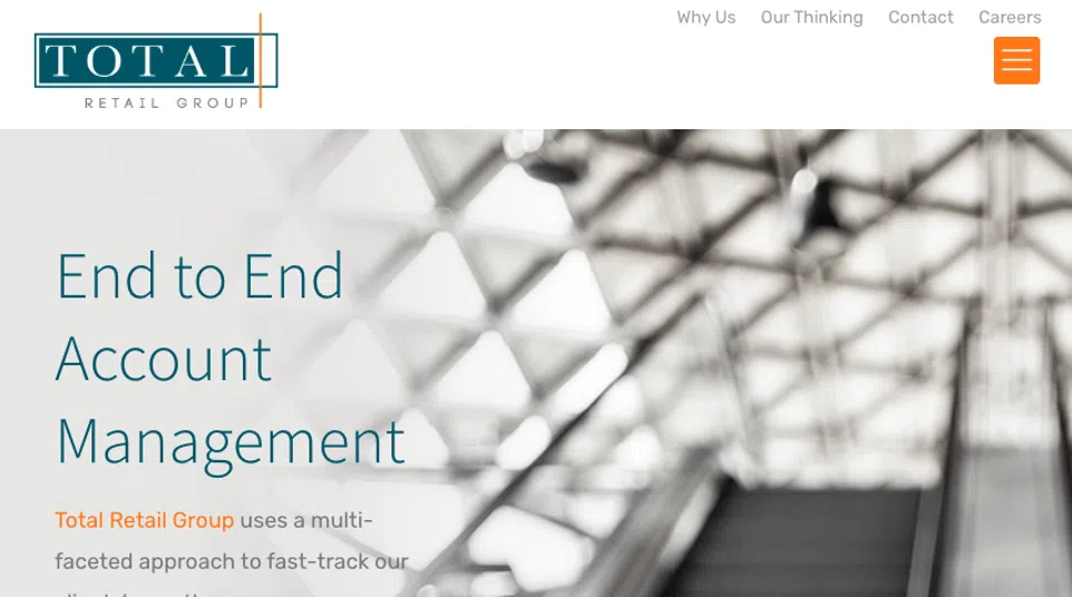 Escalator handrail and retail business text promoting end to end account management and growth strategies.