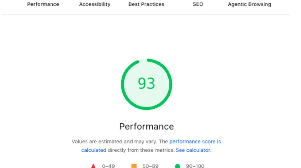 Website performance report shows 93 score, full accessibility, best practices, SEO, and agentic browsing metrics.