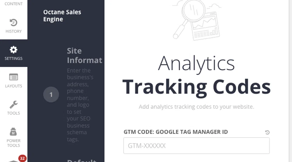 Interface for adding analytics tracking codes including Google Tag Manager and Google Analytics IDs