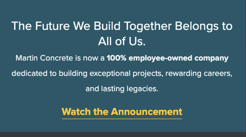 Announcement of Martin Concrete becoming 100% employee-owned, featuring team with red clown noses and company logo.