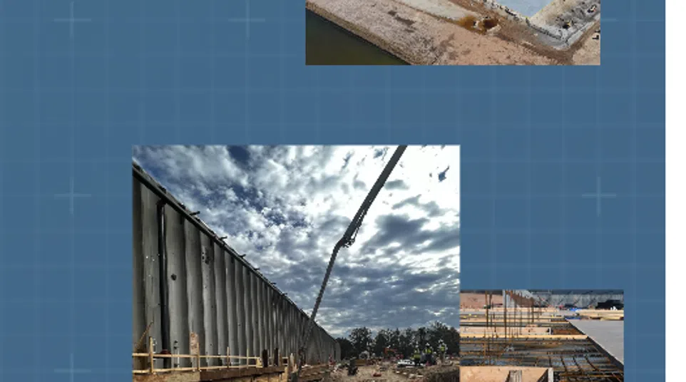 Construction site with workers setting up steel reinforcement and pouring concrete foundations