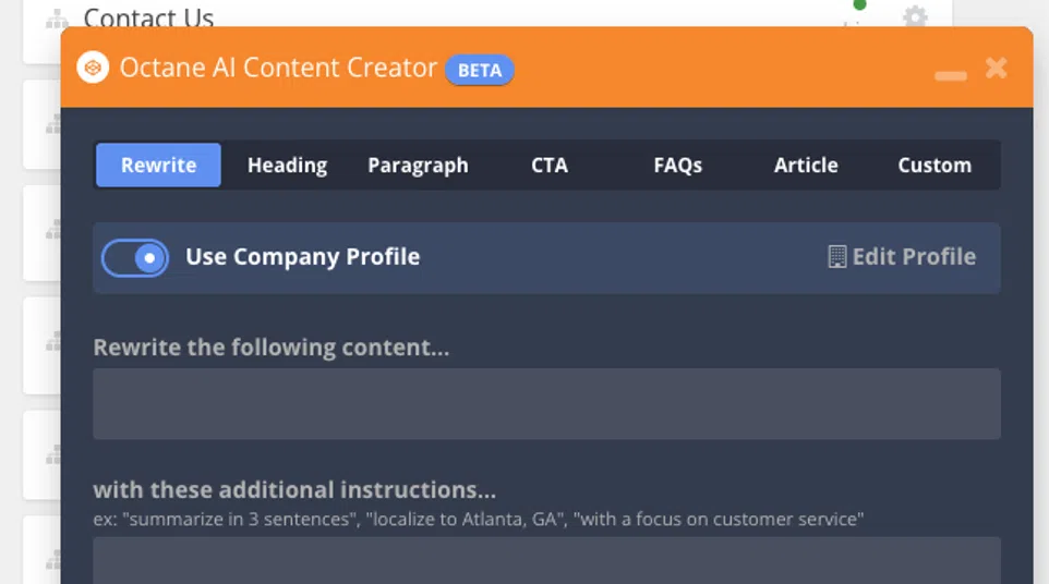 Octane AI Content Creator interface displaying options for rewriting content with creativity scale and version settings.