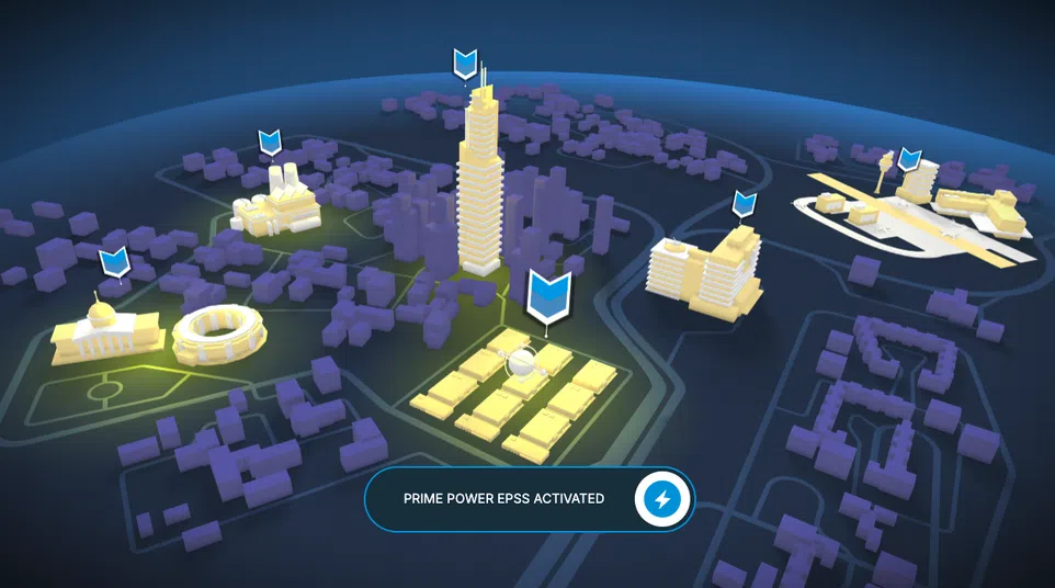 3D city map with highlighted buildings and power icons showing Prime Power EPSS activation in the area