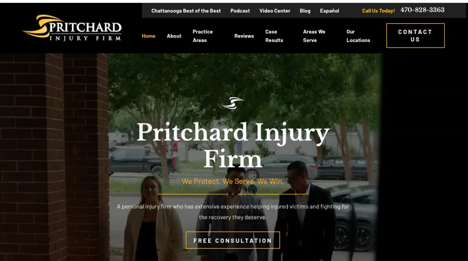 Website homepage of Pritchard Injury Firm showing three professionals walking outdoors and firm details.