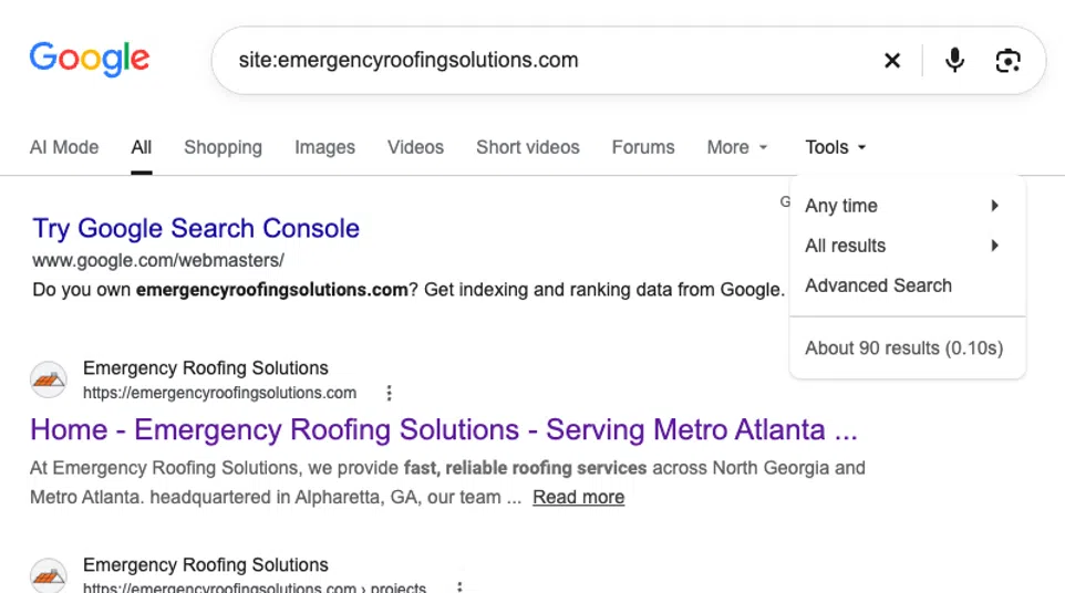 Google search results page showing Emergency Roofing Solutions website listings and services in Metro Atlanta.