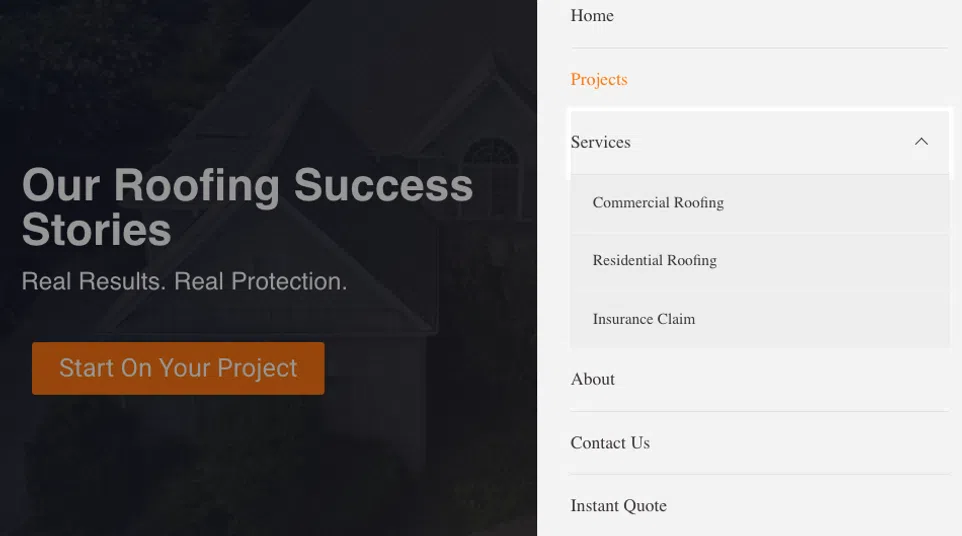 Roofing website menu showing services like commercial, residential roofing, and insurance claims options.