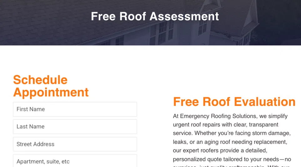 Online form for scheduling a free roof assessment with Emergency Roofing Solutions, featuring contact info and service options.
